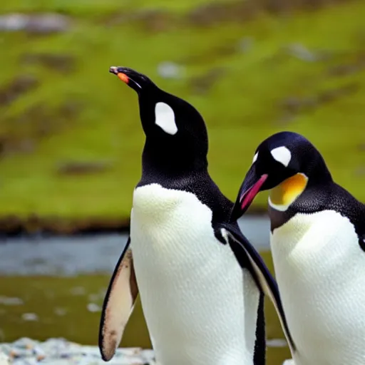 Prompt: two penguins taking a selfie and smiling