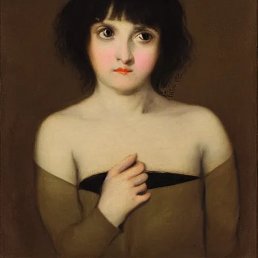 Prompt: portrait of a beautiful pale - skinned girl with black hair and short bangs, the corners of the eyes are turned down, small nose with piercing and a ring is inserted, brown eyes, long eyelashes, plump lips by francisco goya