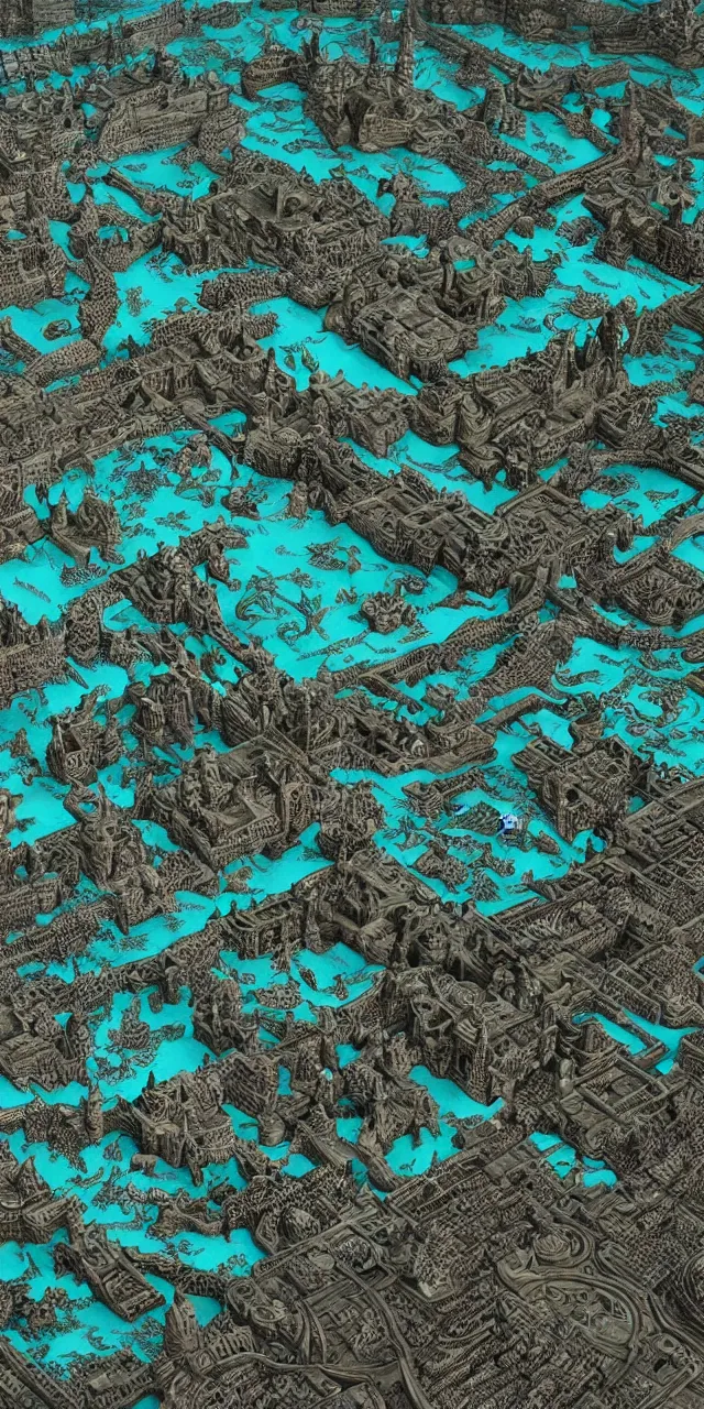 Image similar to an exquisite metallic 3 d map of a lost city of castles, black and teal, intricate, highly detailed, epic, marginalia, unreal engine