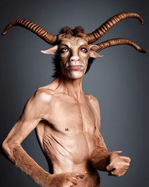 Image similar to actor Mick Jagger in Elaborate Pan Satyr Goat Man Makeup and prosthetics designed by Rick Baker, Hyperreal, Head Shots Photographed in the Style of Annie Leibovitz, Studio Lighting