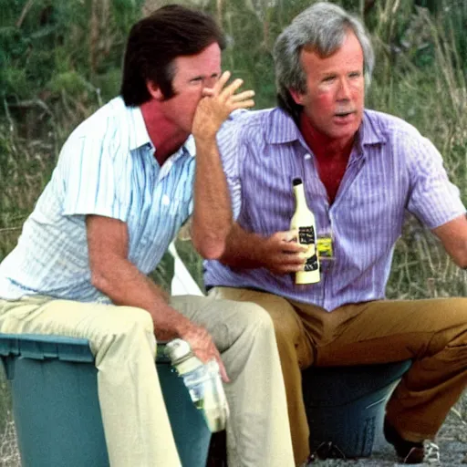 Image similar to kevin tighe with randy mantooth drunk, sitting by a dumpster drinking beer, many empty bottles lie around them