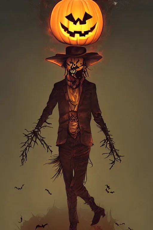 Image similar to a scarecrow with jack - o - lantern head, full body, big two toned eyes, halloween, horror, intricate details, cinematic, epic, realistic, anatomy, tomer hanuka, uplight, artstation, photorealistic, scary