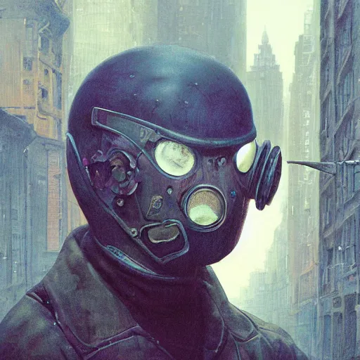 Image similar to a dreary realism portrait of masked diesel punk helmet on the art deco streets of the big city, artstation, award - winning realistic sci - fi concept art by jim burns and greg rutkowski, beksinski, a realism masterpiece, muted color palette, james gilleard, bruegel, alphonse mucha, and yoshitaka amano