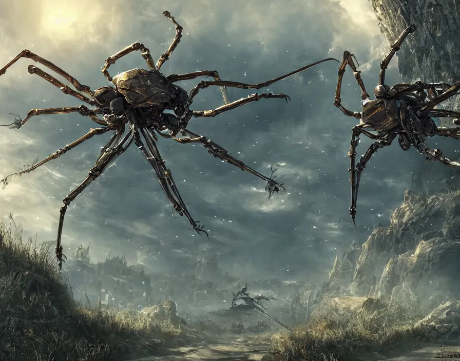 Image similar to big metal spider in tactical rpg videogame, beautiful graphics, fantasy artwork, very beautiful scenery, hdv, hdr, ue 5, ue 6, unreal engine 5, cinematic 4 k wallpaper, 8 k, ultra detailed