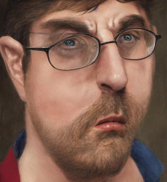 Prompt: a breathtakingly stunningly beautifully highly detailed portrait of a majestic louis theroux, by rosetti and devinci and michael cheval and sidney cooper and turner, 4 k