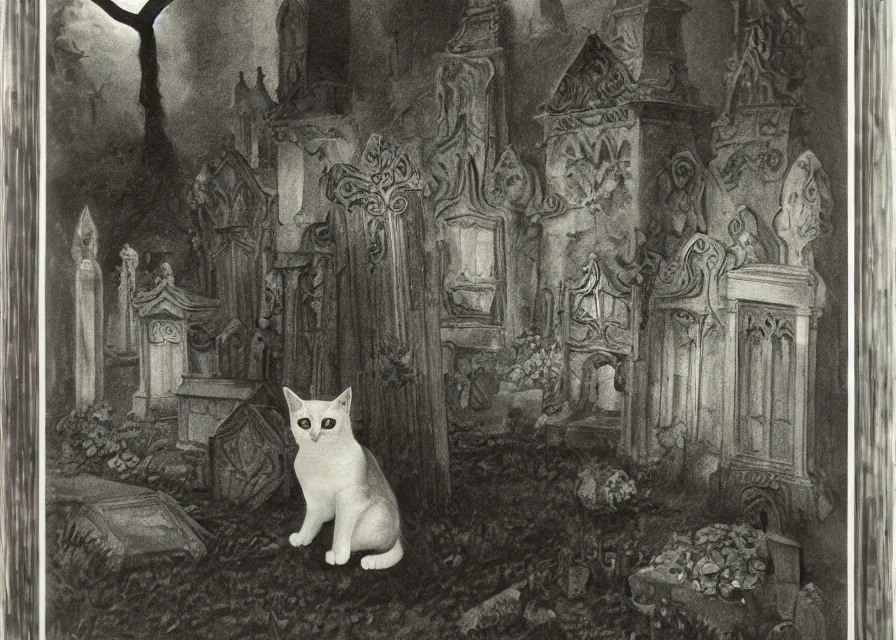 Image similar to a highly detailed portrait of a cat in a moonlit gothic cemetary with some bats and a ghost floating between the gravestones, boke, tilted frame, henry cartier bresson