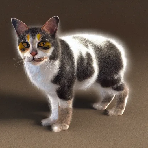 Prompt: a prehistoric calico house cat, octane render