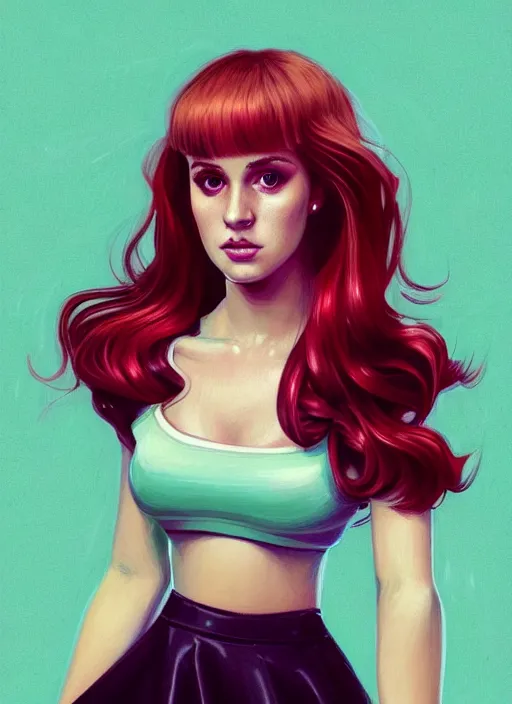 Image similar to full body portrait of teenage cheryl blossom, bangs, green eyes, sultry expression, red hair, sultry smirk, bangs and wavy hair, pink skirt, bangs, intricate, elegant, glowing lights, highly detailed, digital painting, artstation, concept art, smooth, sharp focus, illustration, art by wlop, mars ravelo and greg rutkowski