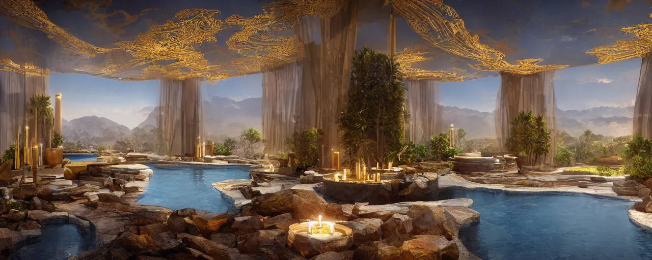Prompt: surreal hyper luxury spa with intricate golden details with view to arid mountains and palm forest, god rays, candles, ultra detailed, photorealism, sharp focus, volumetric light, global illumination