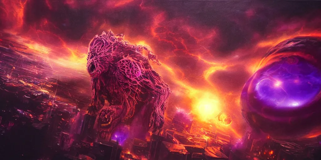 Prompt: Horrific cosmic beast consumes distant future city, megacity collapsing and imploding, beast emerging from timespace tear, cinematic lighting, PBR, hyperrealistic, oil painting, purple crimson color scheme