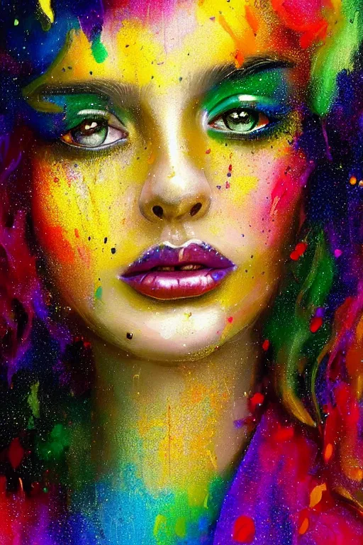 Image similar to modern portrait of vanessa parady, rainbow colours, splatter paint, dreamy and ethereal, golden ratio, peaceful expression, ornate frilly dress, fantasy, intricate, elegant, black background highly detailed, digital painting, perfect face artstation, concept art, smooth, b sharp focus, illustration, art by patrice murciano, artgerm and greg rutkowski and alphonse mucha