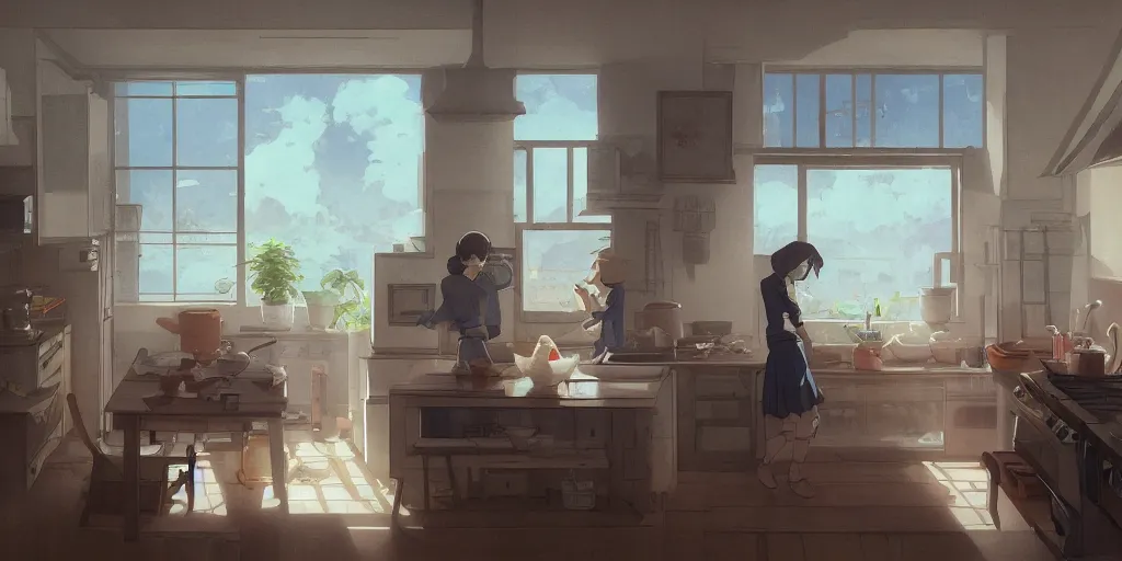 Image similar to interior design art, isometric, bright window lit kitchen, morning, steaming food on the stove, wooden floors, houseplants, ghosts, cottage decor, anime, trending on pixiv fanbox, painted by greg rutkowski makoto shinkai takashi takeuchi studio ghibli, akihiko yoshida