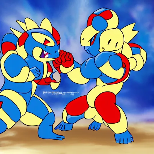 Prompt: blastoise punching charizard in the face wrestling ring in the style of chibi tetsuya