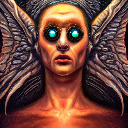 Prompt: eldritch angel from the edges of reality, pseudonatural, azathoth, pulsating, half-face, multiple eyes, multiple mouths, fallen heaven, oil painting, portrait, intricate complexity, rule of thirds, in the style of Adam Paquette, Svetlin Velinov, Daarken, Artgerm, Keith Thompson, and Eric Deschamps, magic the gathering art, character concept