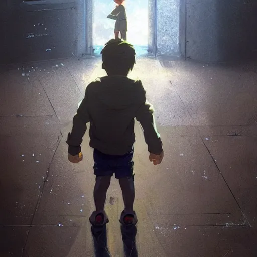 Image similar to a little boy holding hands with an enormous robot. detailed. by greg rutkowski. makoto shinkai. krzysztof maziarz.