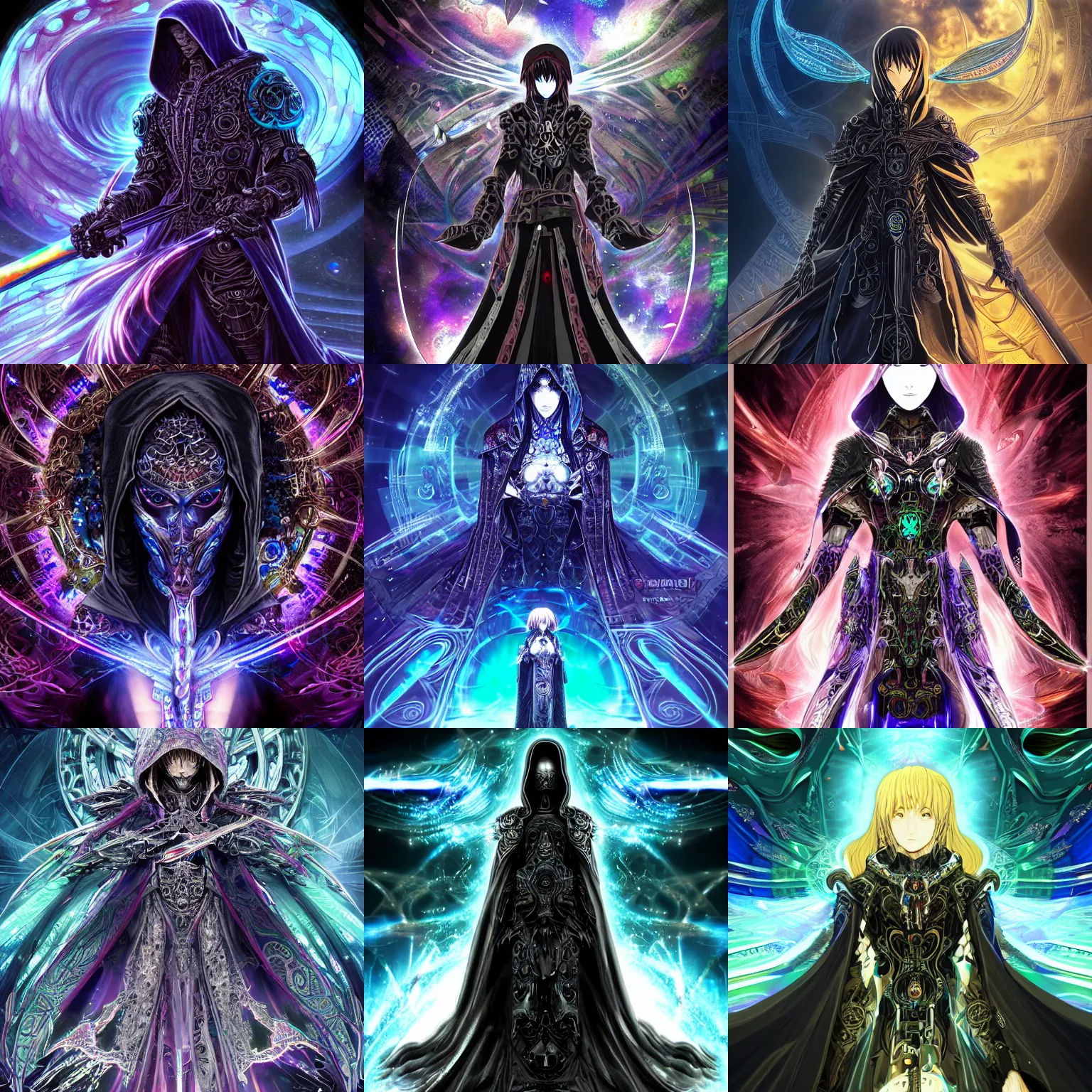 Prompt: Cloaked hooded complex cybernetic omnipotent being with a biological human face, anime CGI style, dark, intricate and ornate, intricate technological ominous warrior, anime in the style of Makoto Shinkai, smooth art style, rich colour and detail, brandishing iridescent legendary cosmic sword, iridescent opalescent pearlescent holographic megastructure background