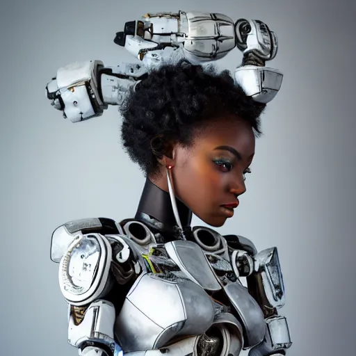 Prompt: beautiful centered fine art photo portrait of beautiful black girl with solarpunk mecha humanoid parts with led lights, sexy pudica pose gesture, white background, ultra - realistic and intricate, soft box lighting, shallow depth of field hdr 8 k