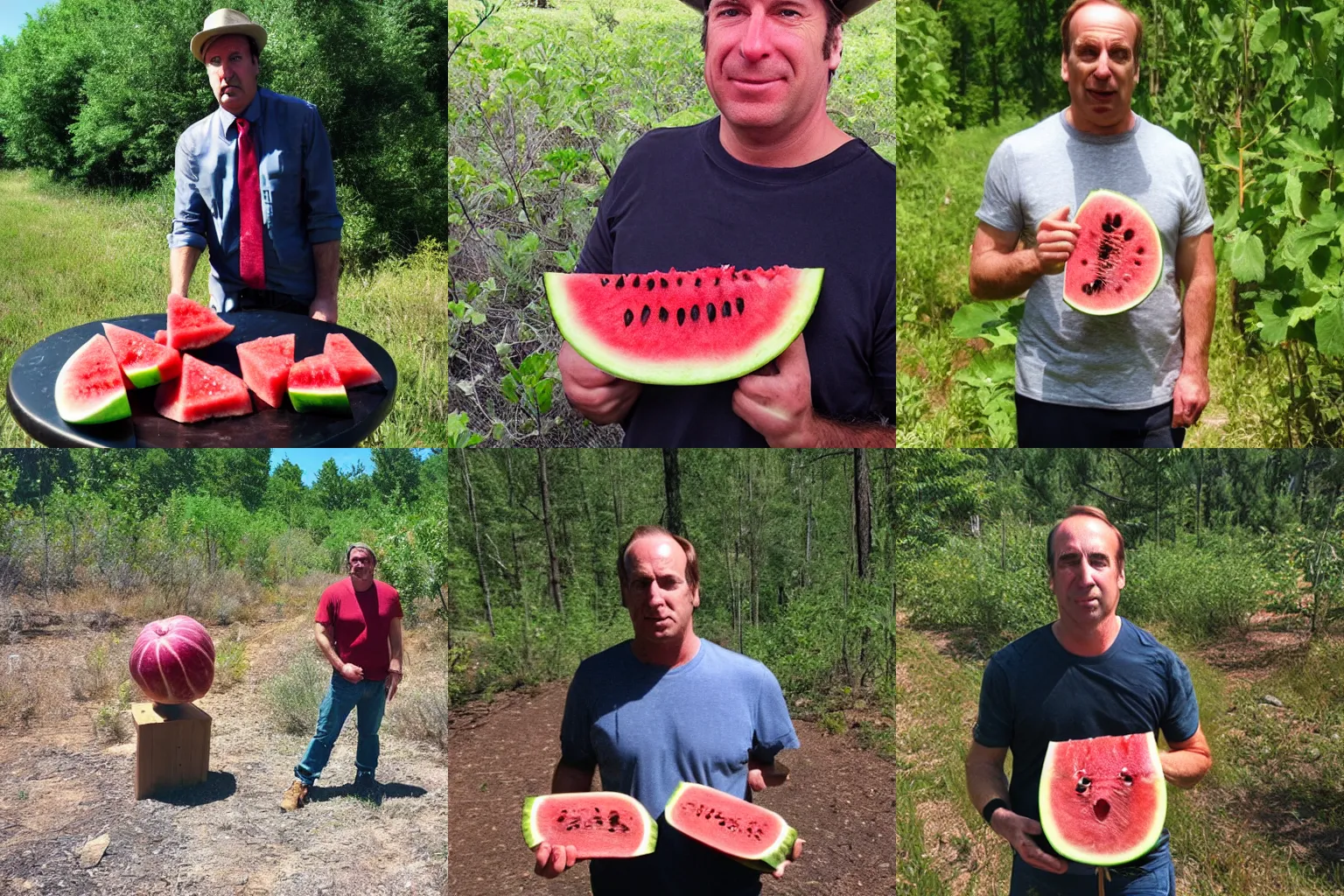 Prompt: Saul Goodman eats watermelon trail cam