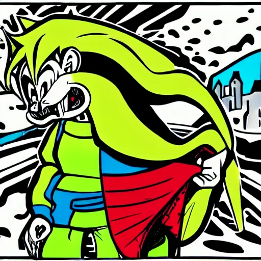 Prompt: pop - wonder - nft rat - fink half - tone - art of a super saiyan wading through the goopy - muck and slithering about the castle side delights on a melted cheesy day in a hand - drawn vector, svg, cult - classic - comic - style