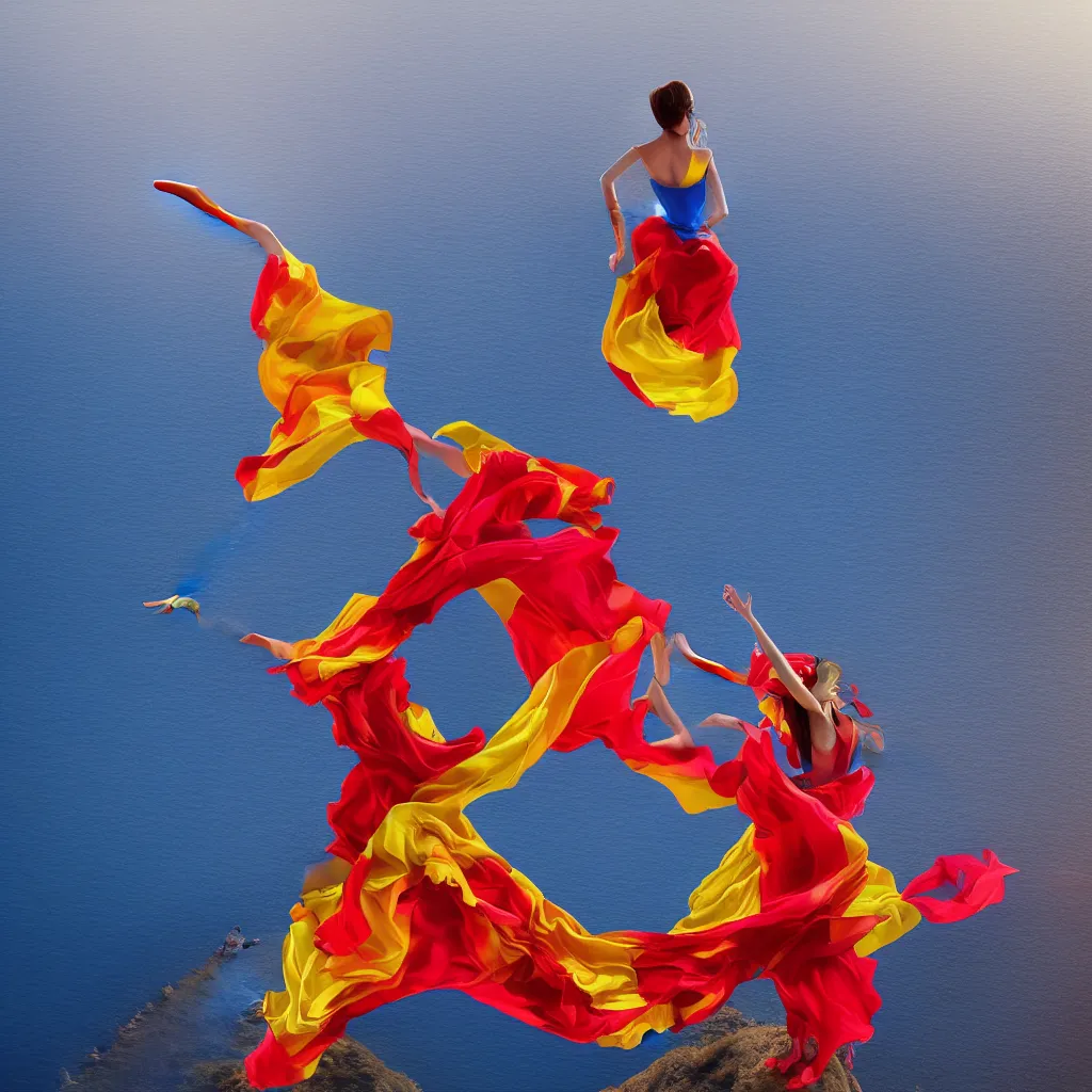 Prompt: beautiful modern dancer wearing a red and yellow and blue swirling dress, standing on a Santorini terrace looking down into the ocean, trending on artstation, cinematic, unreal 5, DAZ, hyperrealistic, octane render, dynamic lighting