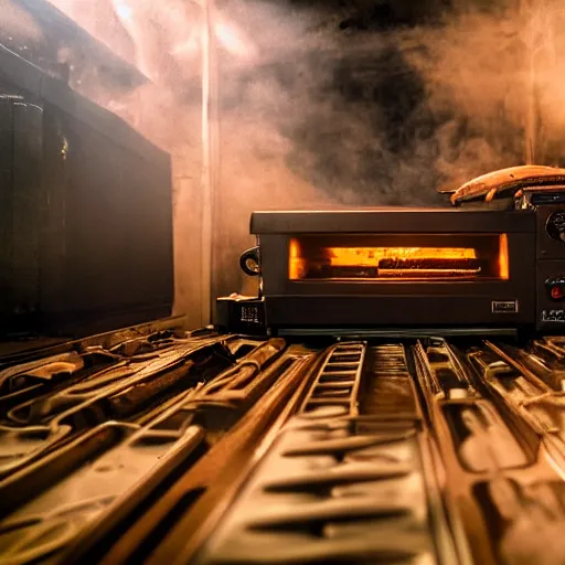 Image similar to toaster oven, dark messy smoke - filled cluttered workshop, dark, dramatic lighting, orange tint, cinematic, highly detailed, sci - fi, futuristic, movie still