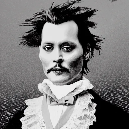 Prompt: old victorian style portrait of johnny depp with a powdered wig and ruffled shirt