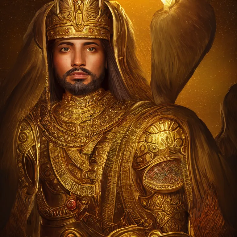 Image similar to highly detailed portrait of agharta ´ s king brightening on gold majestic in the entrance kingdom of agharta, land of advanced races, giant, hollow earth infographic, hiperrealistc, global illumination, radiant light, detailed and intricate environment, trending on artstation, art by oleg oprisco, 8 k