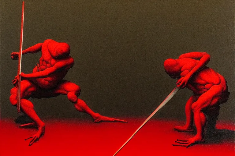 Image similar to only with red, a red samurai do seppuku, tokio, a lot of frogs watch, in the style of beksinski, parts by edward hopper, parts by rodcenko, parts by yue minjun, intricate and epic composition, red by caravaggio, insanely quality, highly detailed, masterpiece, red light, artstation, 4 k