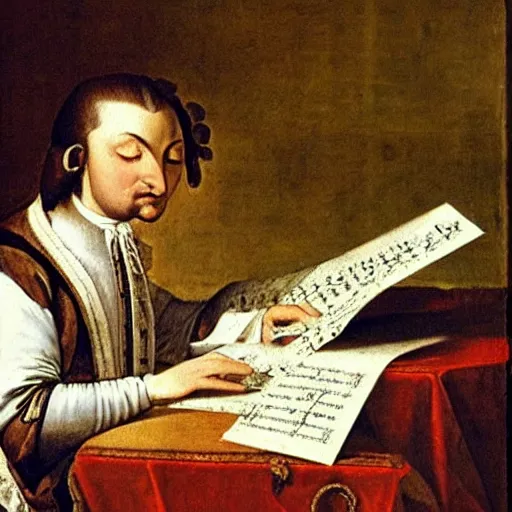 Prompt: a renaissance painting of mozart writting a piece of music on a sheet. He is staring at the sheet with one hand on his head.