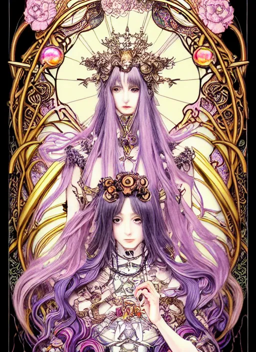 Image similar to legend of the cryptids highly detailed terada katsuya ayami kojima atrstation manga poster of princess mechine, anotherwanderer, rainbow gradient reflection, cute face by artgerm, art nouveau, long hair, armor, dress, laces, ruffles, 8 k, maximalist, golden ratio, alphonse mucha