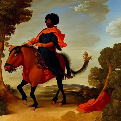 Prompt: black man with afro hair wearing an army green cloak, riding!!! an orange!! bull!!!, renaissance style painting