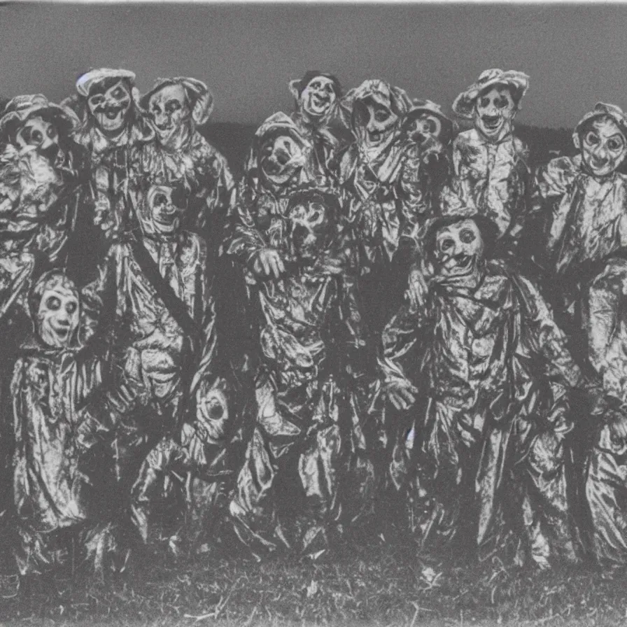 Image similar to distorted 1 3 mm film photograph of a group of clowns in a field holding machetes at night, liminal, dark, thunderstorm, dark, flash on, blurry, grainy, ominous lighting