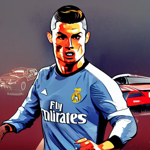 Image similar to Cristiano Ronaldo in a GTA 5 loading screen, concept art by Anthony McBain