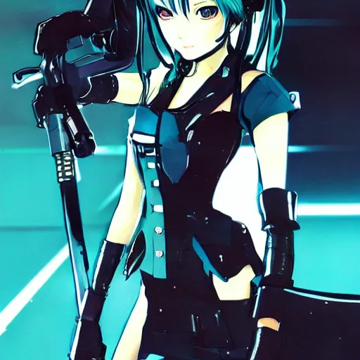 Image similar to illustration of miku by yoji shinkawa