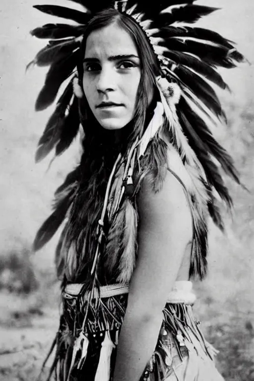 Image similar to Photo of Native American indian woman Emma Watson, portrait, skilled warrior of the Apache, ancient, realistic, detailed, Emma Watson