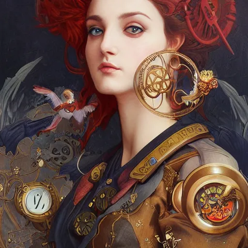 Prompt: a portrait painting of a fantasy steampunk lady, highly detailed, art by tristan eaton and artgerm and william - adolphe bouguereau