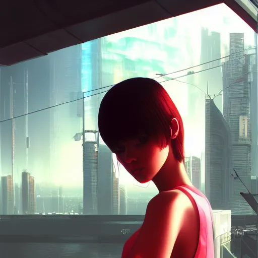 Image similar to a close up of a person with a city in the background, cyberpunk art by Ilya Kuvshinov, cgsociety, photorealism, ilya kuvshinov, cityscape, digital painting