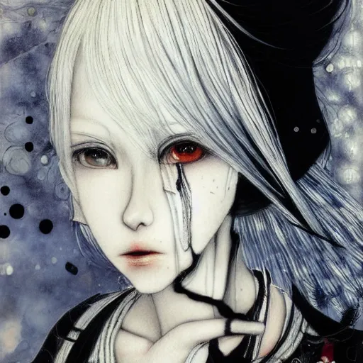 Image similar to Yoshitaka Amano realistic illustration of an anime girl with white hair and cracks on her face wearing dress suit with tie, abstract black and white patterns on the background, noisy film grain effect, highly detailed, Renaissance oil painting
