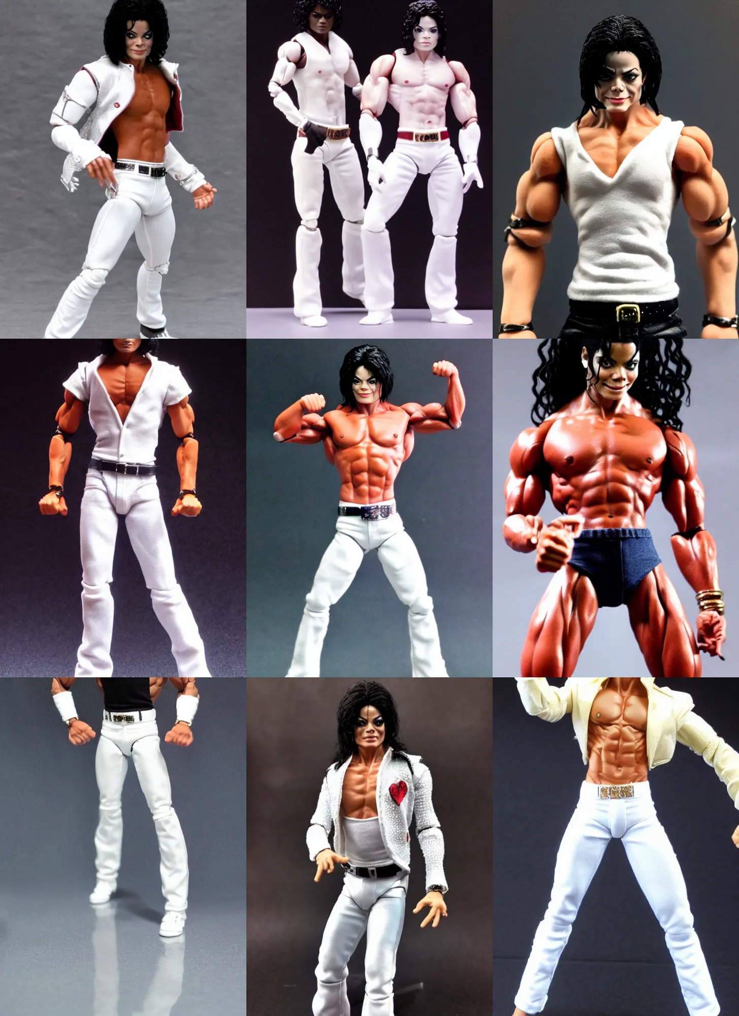 Prompt: michael jackson muscular powerlifter by neca!!! pretty! beautiful! shirtless muscular white pants very detailed realistic action figure by neca close up head shot in the style of neca, character by neca, film still, bokehs
