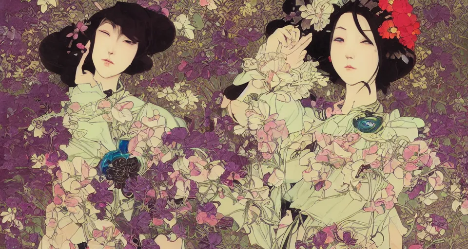 Image similar to oil painting, long shot, beautiful floralpunk japanese bio mechanical female illustration detailed patterns art of japan traditional dress, flower pop art, floral splash painting, art by ashley wood, alphonse mucha, makoto shinkai, geof darrow, dark shadow