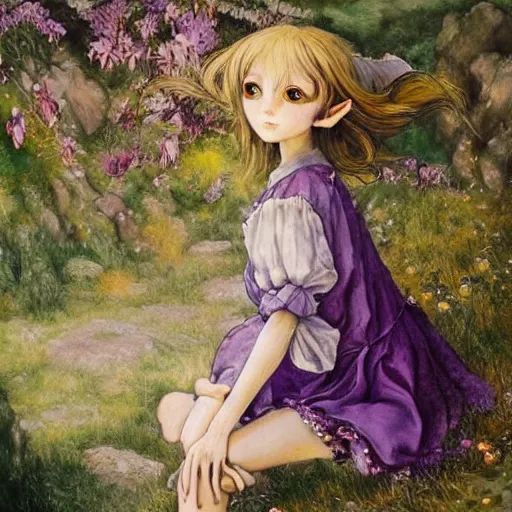 Prompt: little elf girl, tunic, soft hair. light color palate, purple, yellow and white. detailed soft painting, ayami kojima, made in abyss, anatomically correct, inspired in balthus, high detailed face anime, vogue magazine, glorious composition