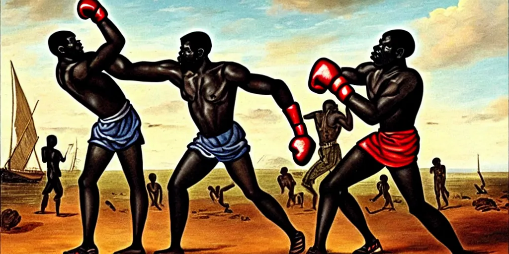 Prompt: giant african man punching a slave ship