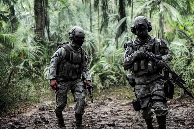 Image similar to Mercenary Special Forces soldiers in grey uniforms with black armored vest in a battlefield in the jungles 2022, Canon EOS R3, f/1.4, ISO 200, 1/160s, 8K, RAW, unedited, symmetrical balance, in-frame, combat photography