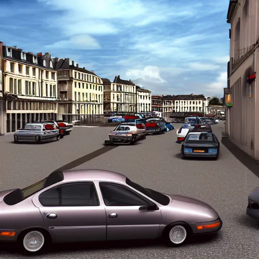 Prompt: a late 9 0 s 3 d render of a french city with sedans and coupes, businesses and people.