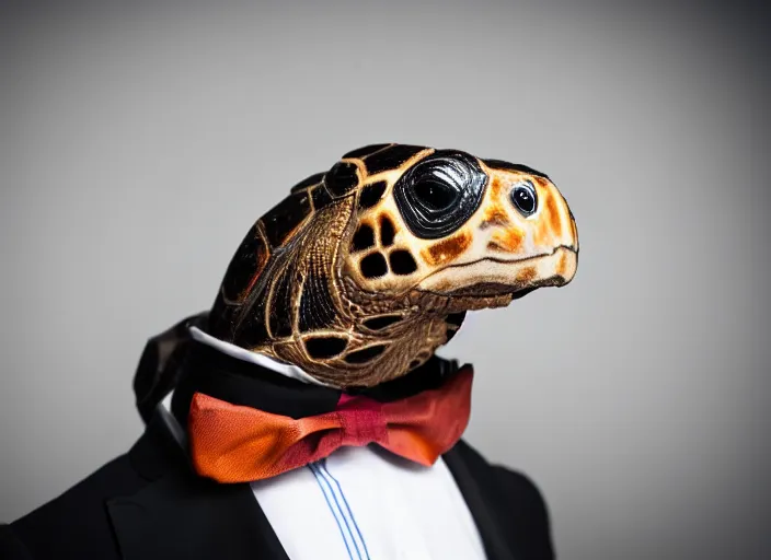 Image similar to photo still of a tortoise wearing a top hat and bowtie, 8 k, studio lighting bright ambient lighting key light, 8 5 mm f 1. 8