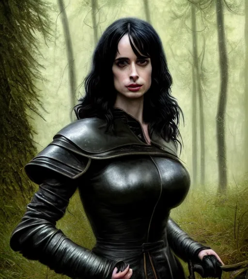 Image similar to 5 5 mm close up portrait photo of krysten ritter as yennefer of vengerberg in black leather armor and long black wavy hair and purple eyes, in a forest. magical atmosphere. art by greg rutkowski. lifelike. very detailed 8 k. intricate. soft light. nikon d 8 5 0.