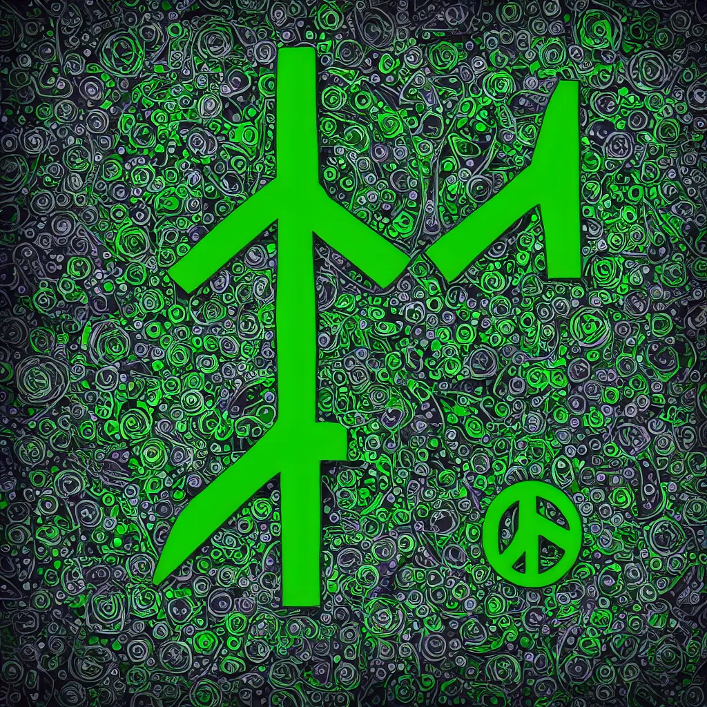 Prompt: Peace symbol covered in mechanical flowers against a dark green background, ultra detailed HD digital art