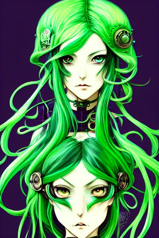 Image similar to beautiful green hair anime woman victorian dress, steampunk, fantasy, eerie, intricate details, pixiv, digital painting, artstation, concept art, 8 k, art by artgerm, loish and alohonse mucha and eiichiro oda symmetrical face symmetrical eyes