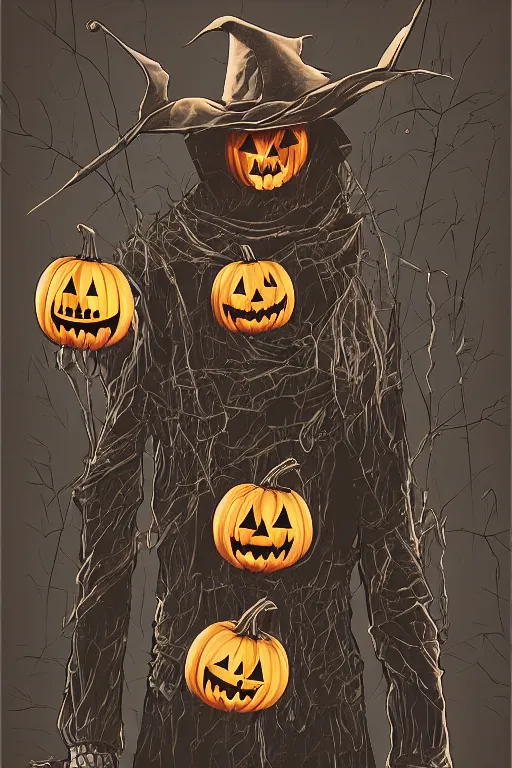 Image similar to a scarecrow with jack - o - lantern head, full body, big two toned eyes, halloween, horror, intricate details, cinematic, epic, realistic, anatomy, tomer hanuka, uplight, artstation, photorealistic, scary