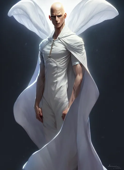 Image similar to ultra realistic illustration, handsome saitama. white cape, intricate, elegant, highly detailed, digital painting, artstation, concept art, smooth, sharp focus, illustration, art by artgerm and greg rutkowski and alphonse mucha and wlop